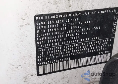 2024 Volkswagen Taos 1.5T S z USA, uszkodzony, nr VIN 3VV8X7B20RM071555